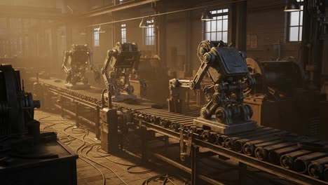 an industrial automation scene showcasing robotic arms on a conveyor belt in a warehouse environment, highlighting advanced manufacturing technologies and assembly processes