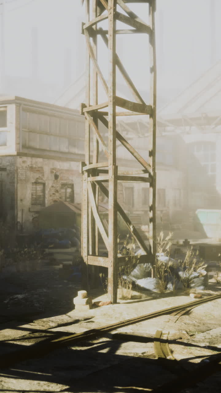 Forgotten industrial site bathed in golden sunlight during early morning hours