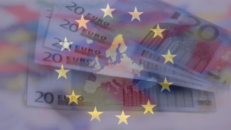 Animación-De-La-Bandera-De-La-UE-Y-El-Mapa-Sobre-Miniaturas-De-Banderas-De-Países-Europeos-Contra-Billetes-De-Euro