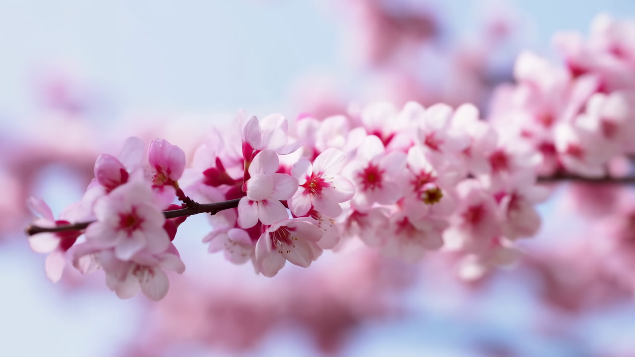 Delicate Pink Cherry Blossoms Blooming on a Branch in Spring