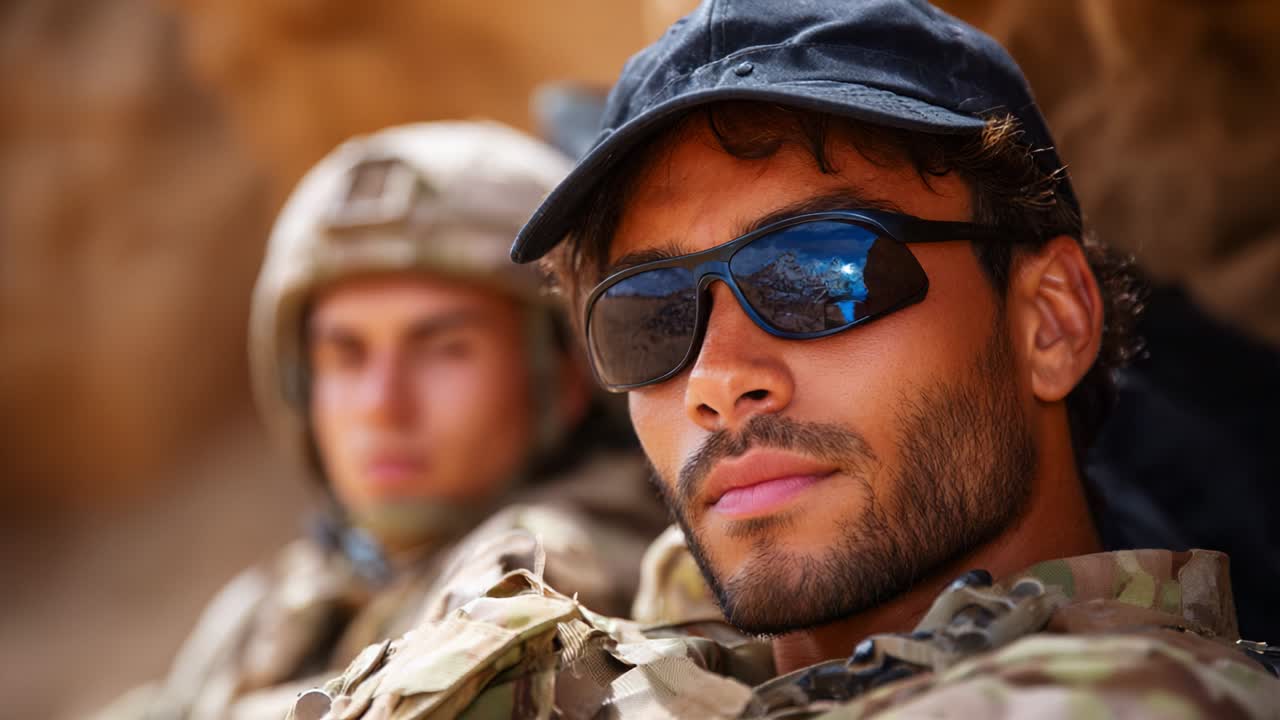 A close-up portrait of a soldier wearing sunglasses and a cap, showcasing determination and resilience within a tactical setting, with another soldier subtly positioned in the background for depth