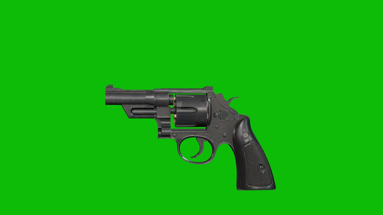 3D model of a modern revolver pistol rotating 360 degrees on green screen 3D animation