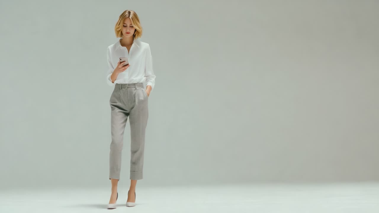 En selvsikker kvinde i stilfuldt outfit går og bruger sin smartphone, der udstråler moderne mode og elegance i minimalistiske omgivelser