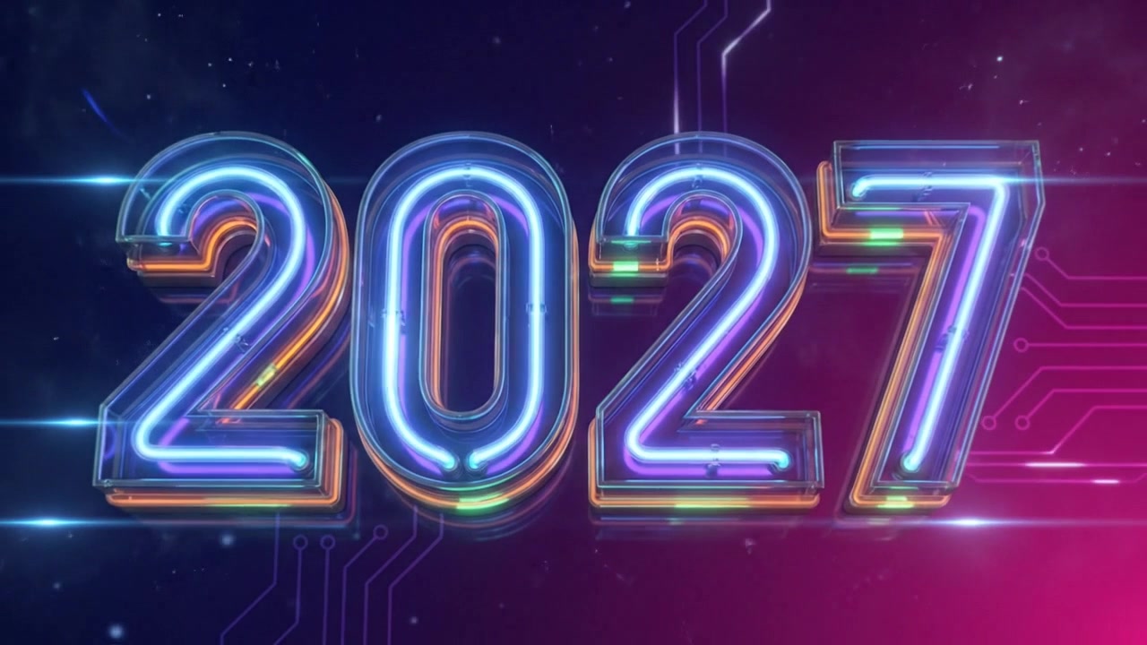 Animazione di testo "Neon 2027" con sfondo a circuito digitale
