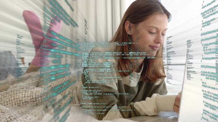 Adult woman bringing laptop to bed and typing while studying, teal code overlay moving across her