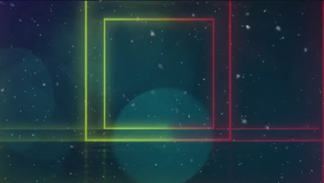 animation of green and red neon squares over white particles and blue bokeh lights, moving on black