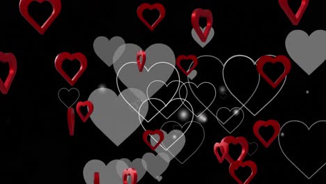 Animation-of-red-and-white-hearts-floating-on-black-background