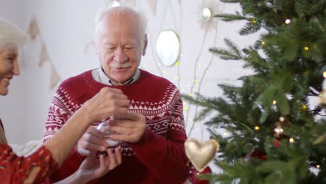 happy senior couple decorating the christmas tree