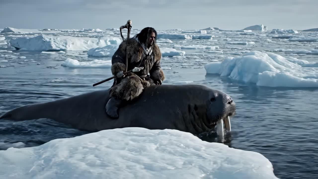 Man Riding a Walrus in the Arctic