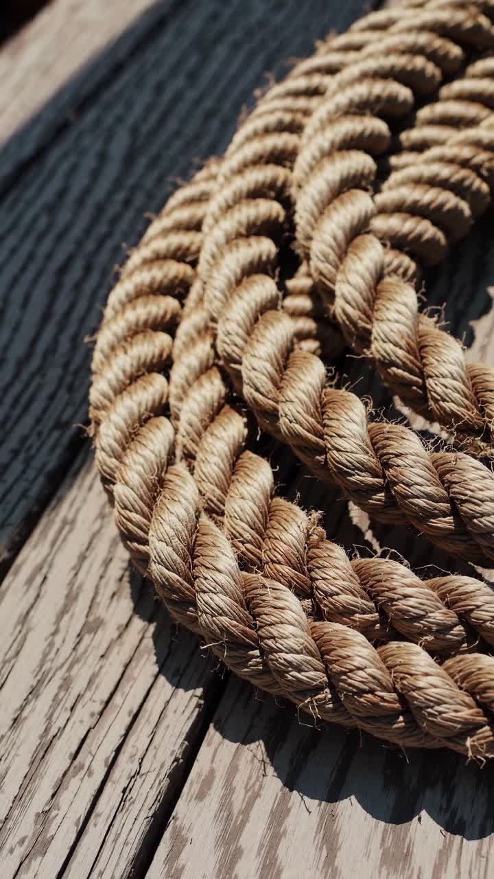 Ripresa video ravvicinata di una corda arrotolata su assi di legno rustiche, che cattura texture e contrasto.