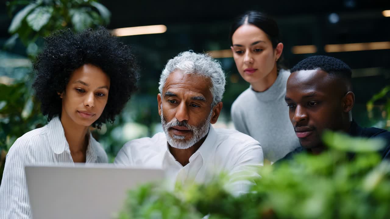 A diverse group of four individuals engaged in a collaborative work session, focused on a laptop screen surrounded by vibrant greenery, showcasing teamwork and innovation in a modern environment