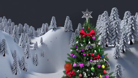 partículas rojas cayendo sobre el árbol de navidad en el paisaje de invierno contra un fondo gris