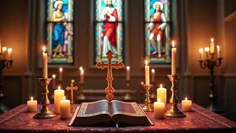 church altar with candles and bible