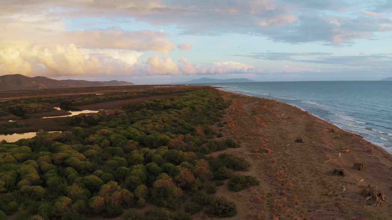imágenes aéreas del bosque de pinos y la playa de arena junto al mar en el icónico parque nacional maremma en toscana, italia, con un espectacular cielo nuboso al atardecer y tipis de madera a lo largo de la playa vacía