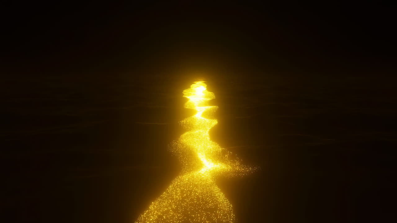Flusso dinamico di particelle dorate su superficie scura e ondulata.