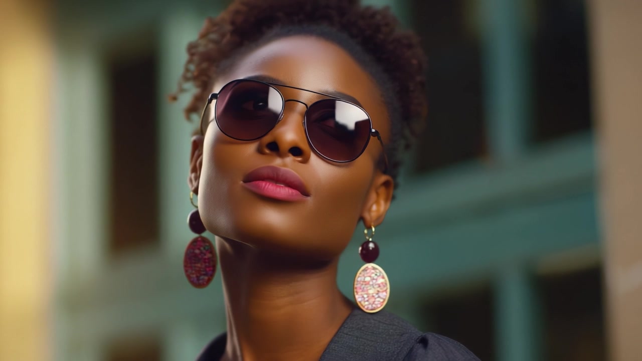 Elegante ritratto di moda di una donna che indossa occhiali da sole alla moda e orecchini eleganti in un contesto urbano, che emana sicurezza e glamour in ogni scatto