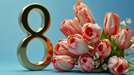 golden number 8 and pink tulips on blue background for international women's day