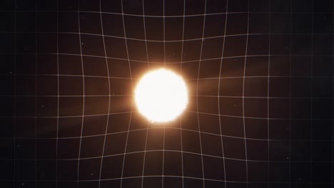 animated diagram illustrating the curvature of space time around a massive orange star