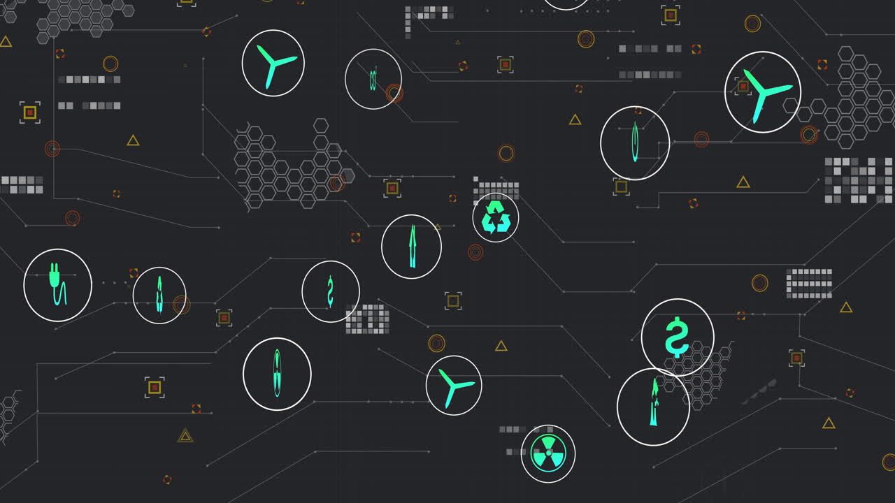 Futuristic UI showing network of glowing green energy icons linked by circuit lines being animated