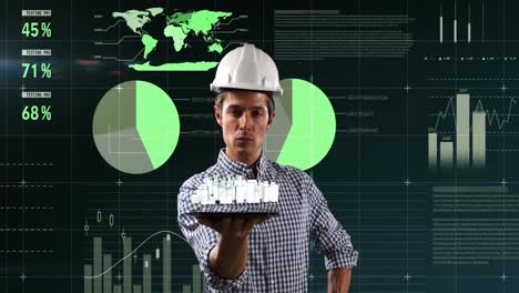 procesamiento de datos estadísticos contra arquitecto masculino que posee un modelo digital de ciudad en 3d