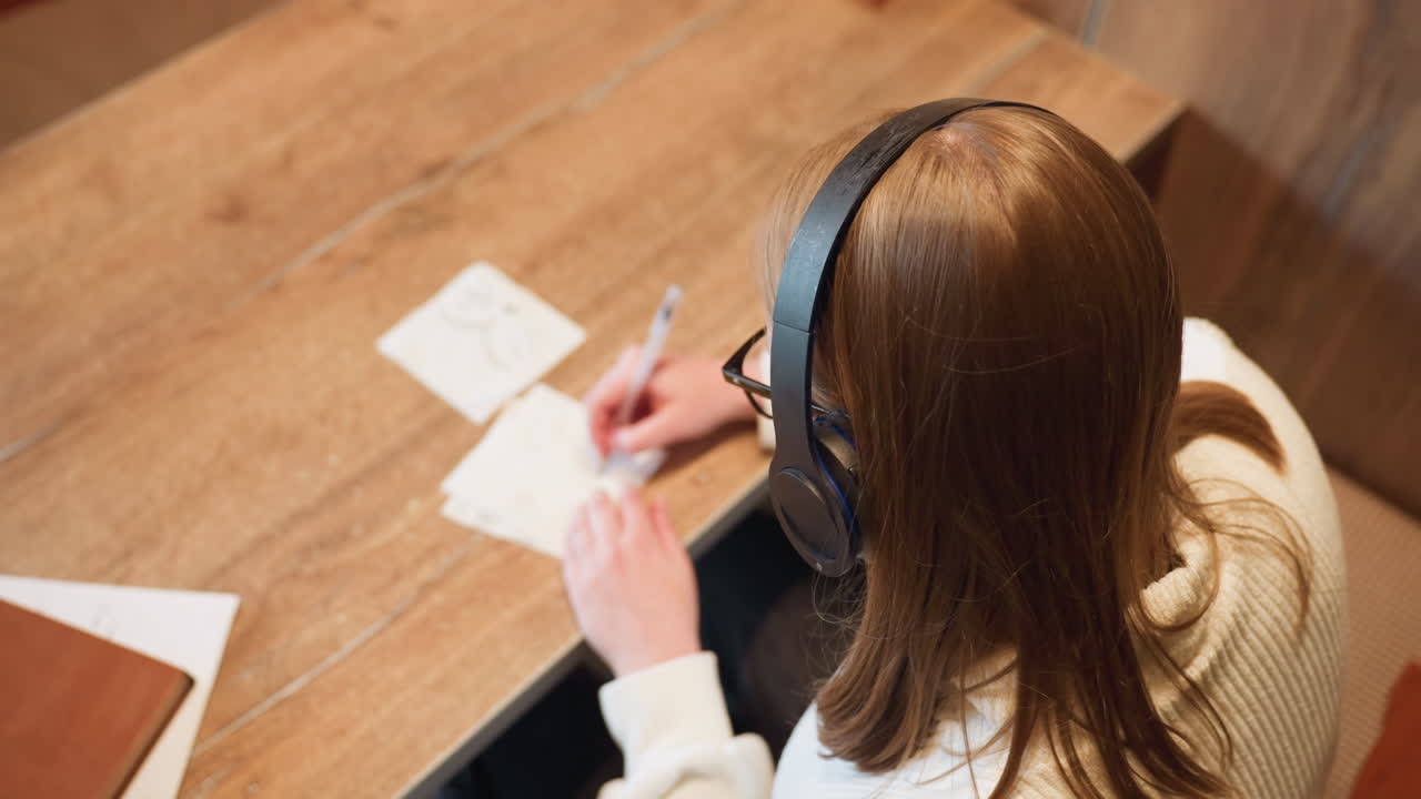 Overhead view of woman in cream sweater with headphones sketching on tissue paper while seated at wooden table, brown notebook nearby, deeply focused on her creative task