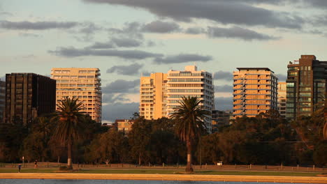 runners jogging along albert park lake, melbourne, australia. traffic moving along famous inner city drive while sun sets over the building below.