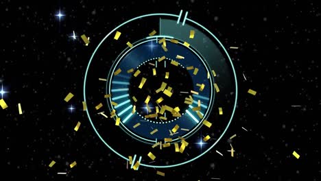 animation of circular scanner rotating, with gold confetti and stars on black background