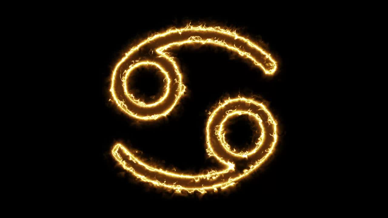 signo del zodiaco del cáncer con animación de fuego en un fondo negro. icono de astrología.