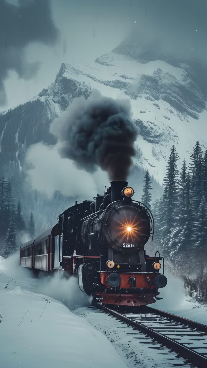 Dramatic low-angle shot of a vintage steam train in snowy mountains, capturing a cinematic