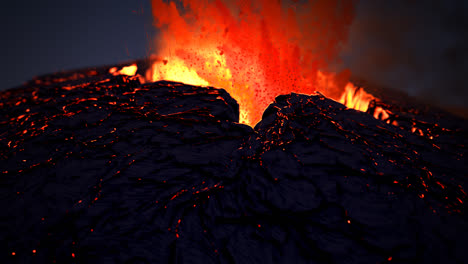 Extreme-close-up-of-spectacular-night-active-volcano-eruption.-Volcanic-crater-throws-away-glowy-orange-fireballs-made-from-magma-rocks,-dust,-and-ashes.-Natural-disaster.