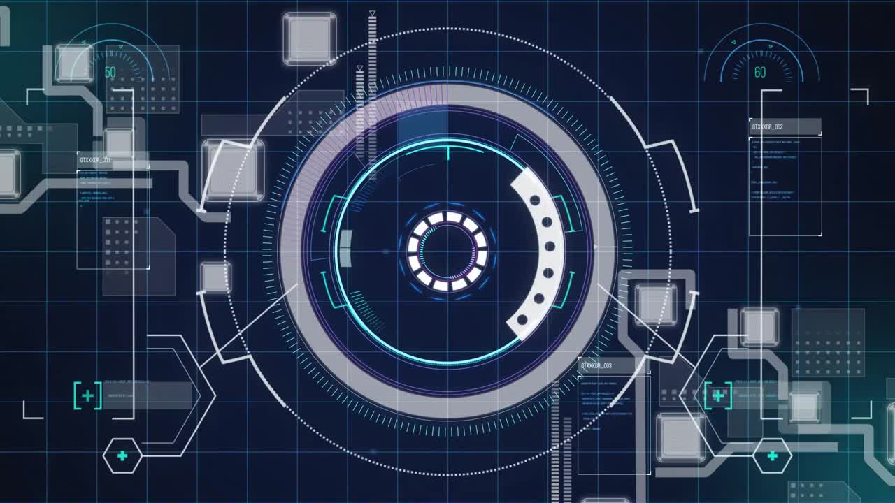 Animation of scope scanning and data processing on grid over blue background
