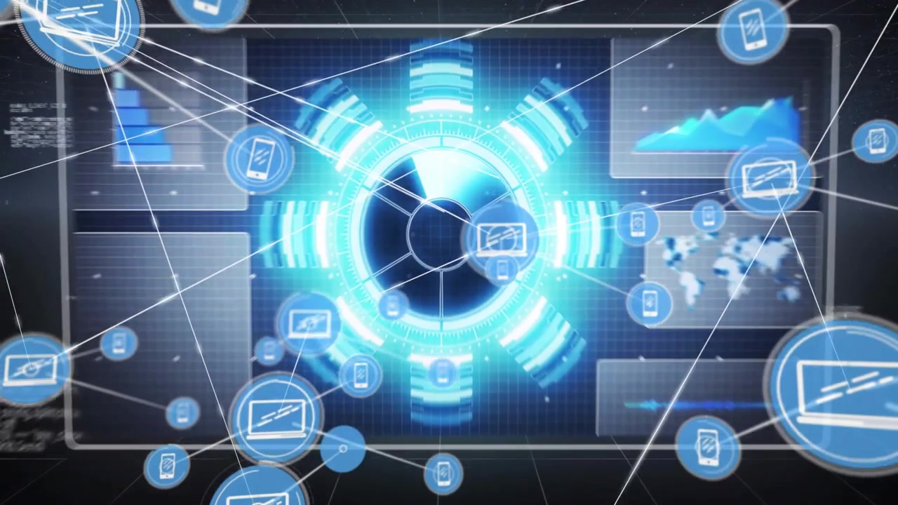 Technology hub assembling, activating for analytics, single blue icon initiating connections
