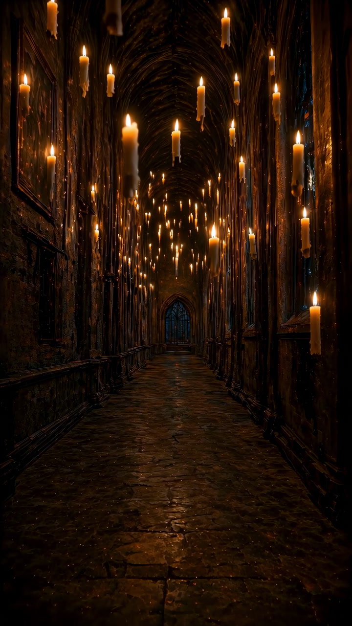 Candlelit Medieval Corridor With Floating Candles, Ancient Stone Floor And Arched Ceiling, Moody Cinematic