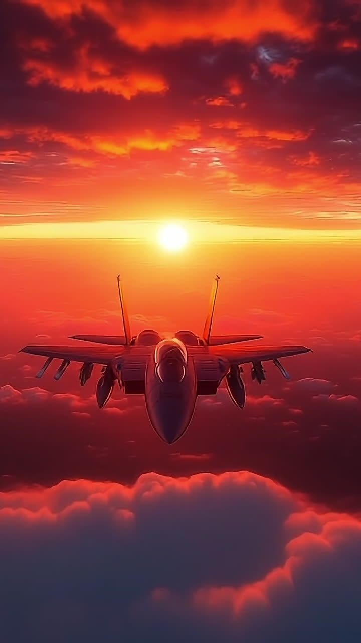 Fighter jets flying against a sunset sky. Three fighter jets fly through a vibrant sunset, amid colorful clouds in warm orange and red hues.
