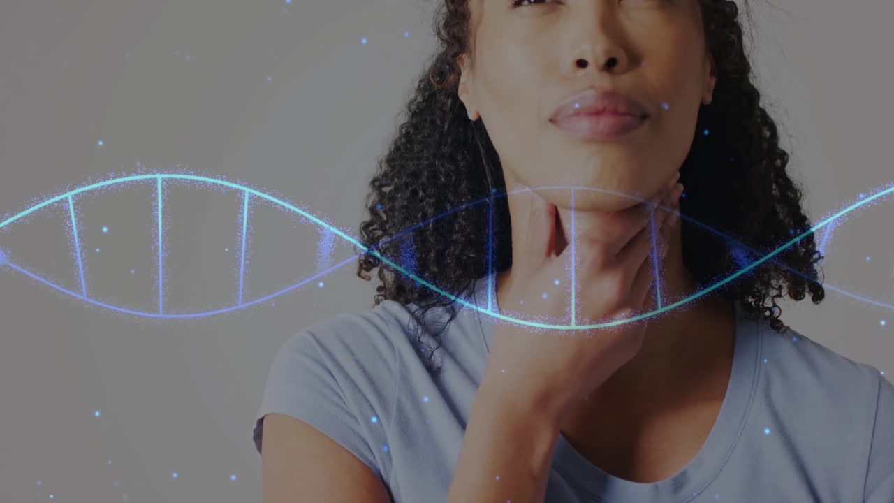 Animação de fita de DNA sobre retrato de mulher afro-americana em fundo branco