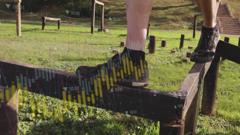 person balancing on wooden beam with financial data animation overlay