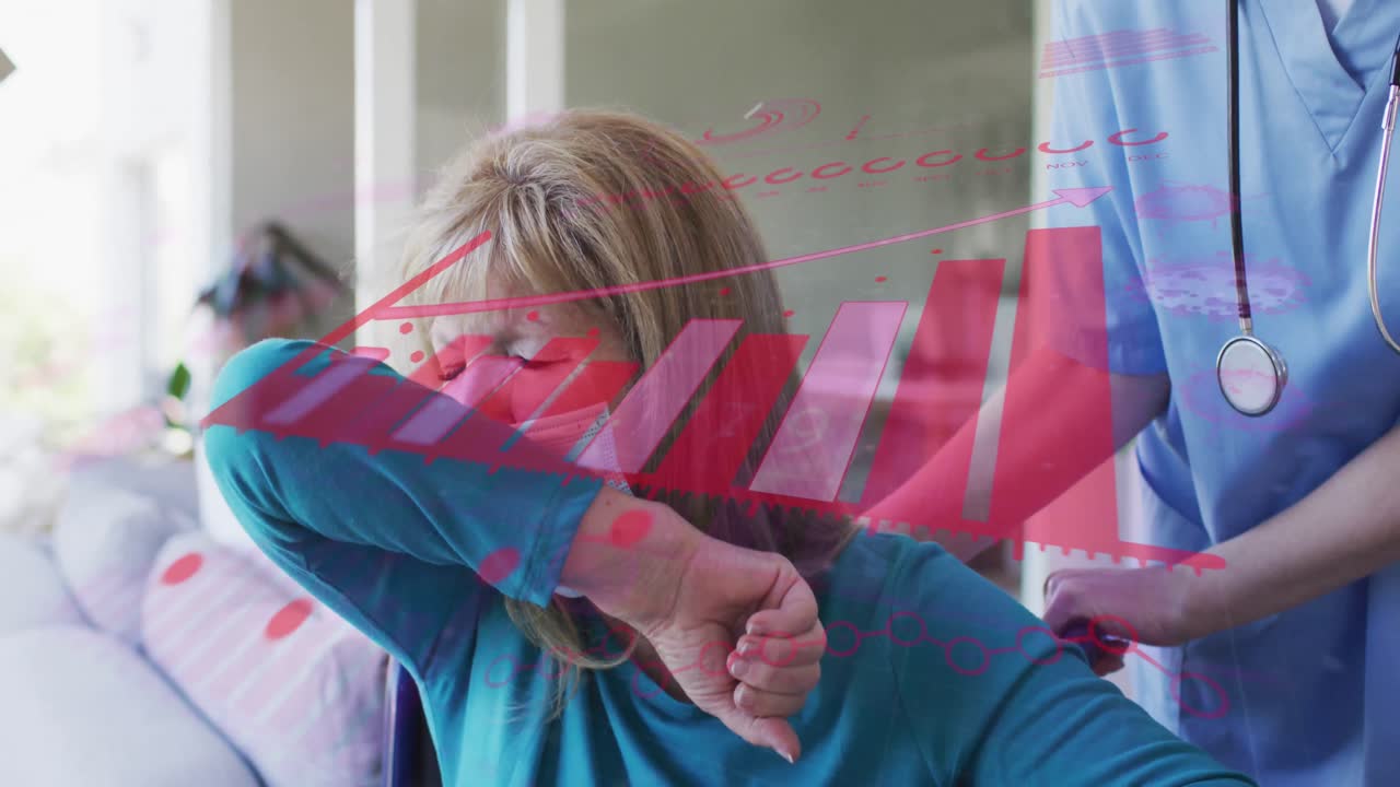 백인 고령 여성과 간호사가 얼굴 마스크를 쓰고 기침하는 그래프의 애니메이션