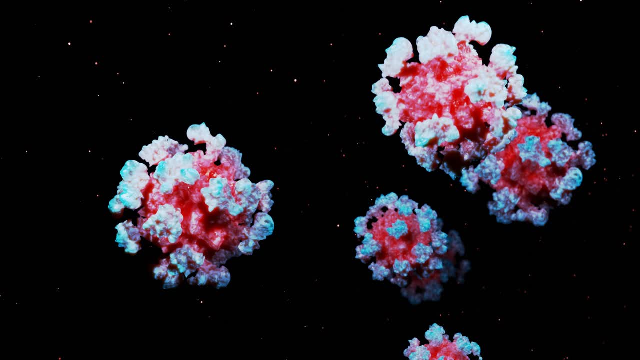 close-up coronavirus tipo covid-19, h1n1, gripe aviar o gripe porcina se mueven suavemente en fluido representación 3d del virus como fondo de bucle microscópico microbiológico. gradiente azul rojo 8