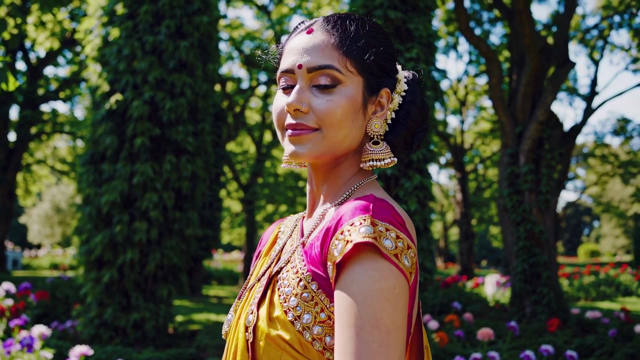Junge indische Frau im traditionellen Sari, in einem Garten stehend
