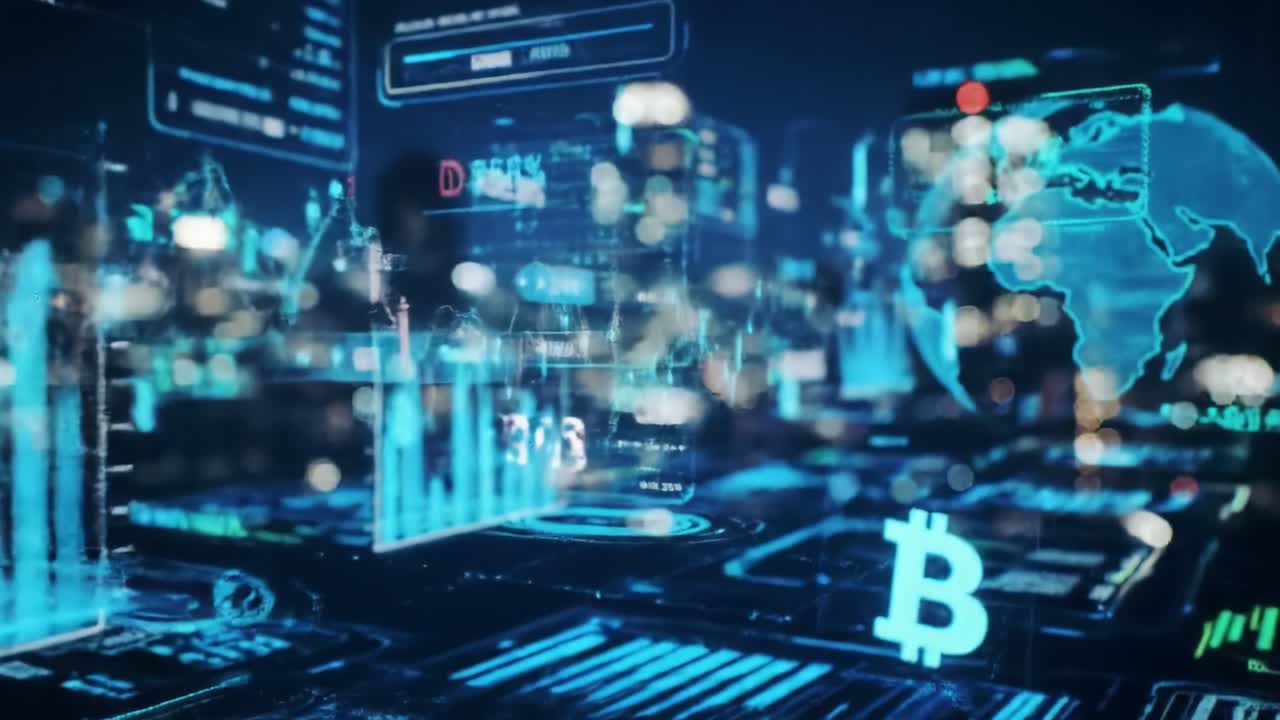 Innovative digital displays showcase cryptocurrency metrics and trends against a vibrant city backdrop at night. Data visualizations emphasize market fluctuations and insights.