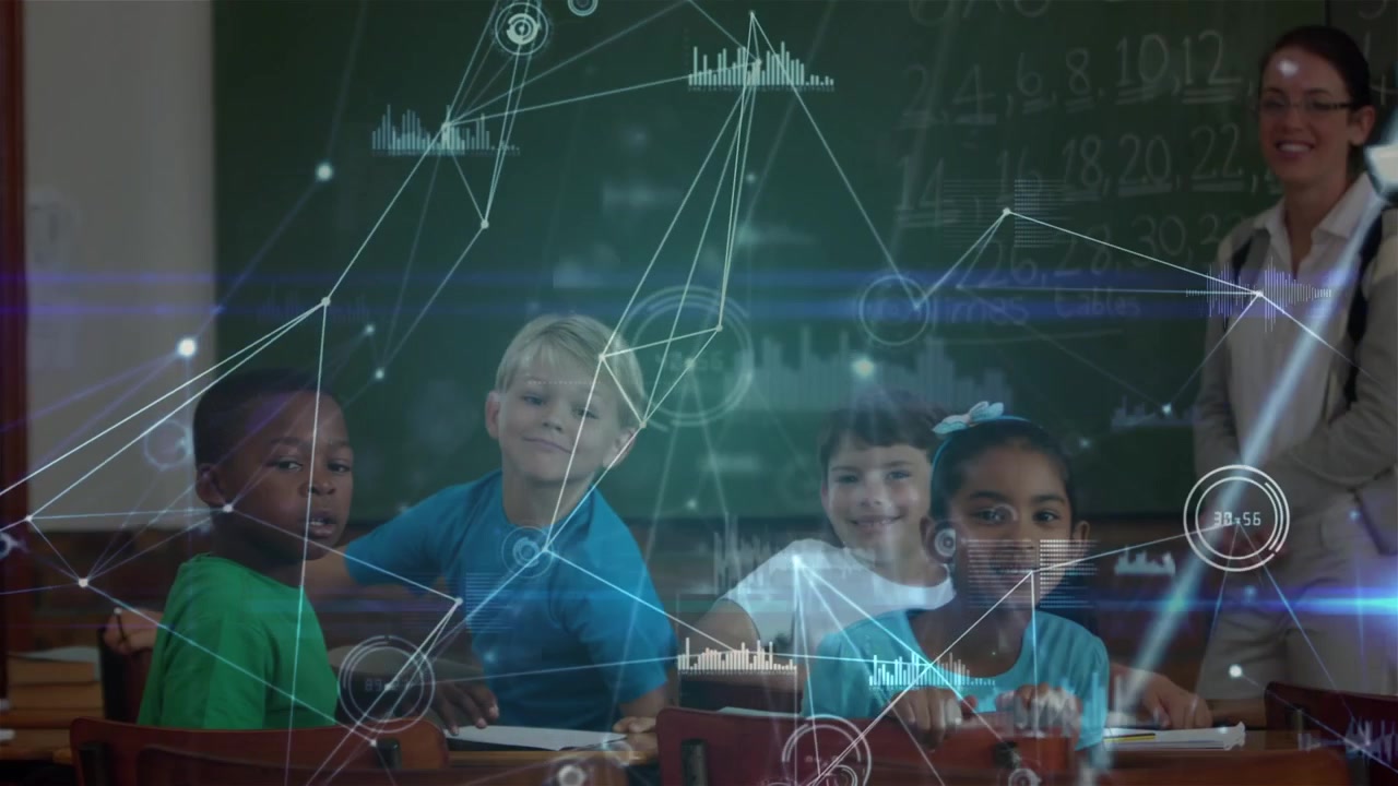 Animation of networks of connections over business people using laptop in office