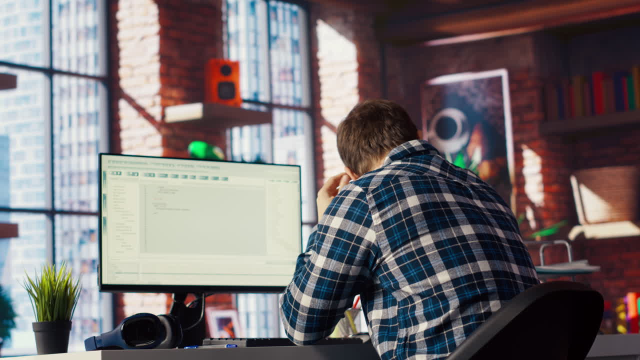 집에 있는 남자가 pc 화면에서 ui를 보면서 허리를 펴고 피곤함을 느니다.