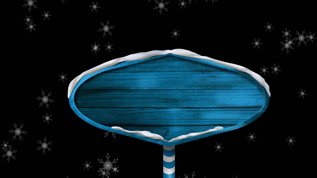 눈이 내리는 위에 복사 공간과 함께 나무 표지판의 애니메이션