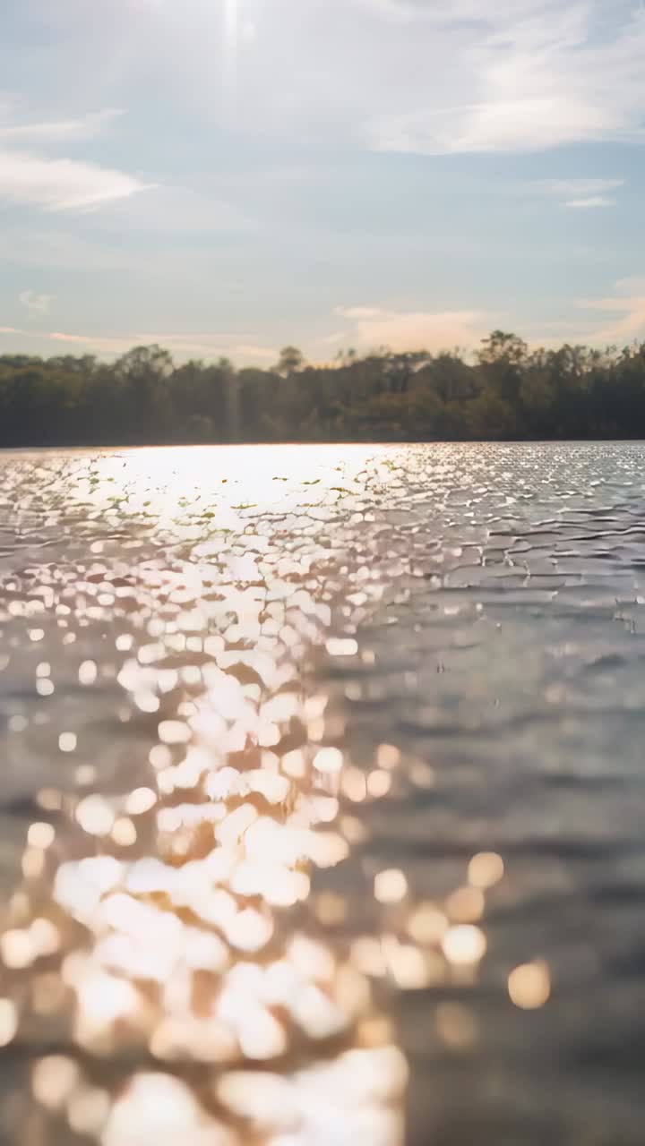 Vertical video: Recording water surface reflecting sun at lake, breeze shifting ripples and glints
