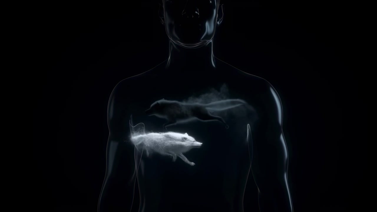 Torso caucasico con animazione di organi interni luminosi, figura trasparente che rivela movimento di fluido luminoso