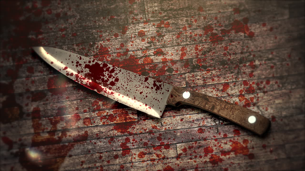 fondo de terror místico con sangre oscura y cuchillo sobre fondo abstracto de madera