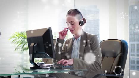 Animation-of-moving-molecules-over-businesswoman-wearing-phone-headset