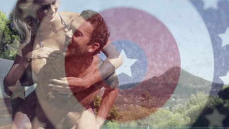 smiling couple enjoying piggyback ride over patriotic star and circle animation