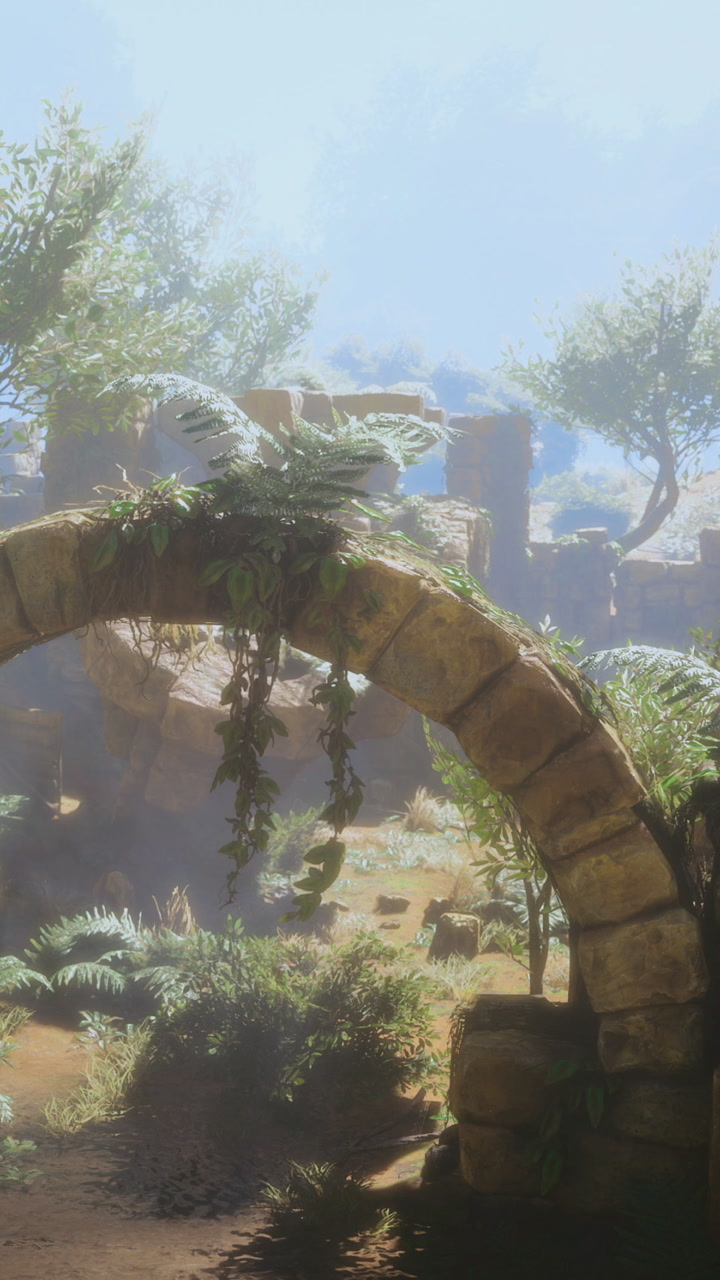 Stone arch covered in plants near ruins in bright daylight
