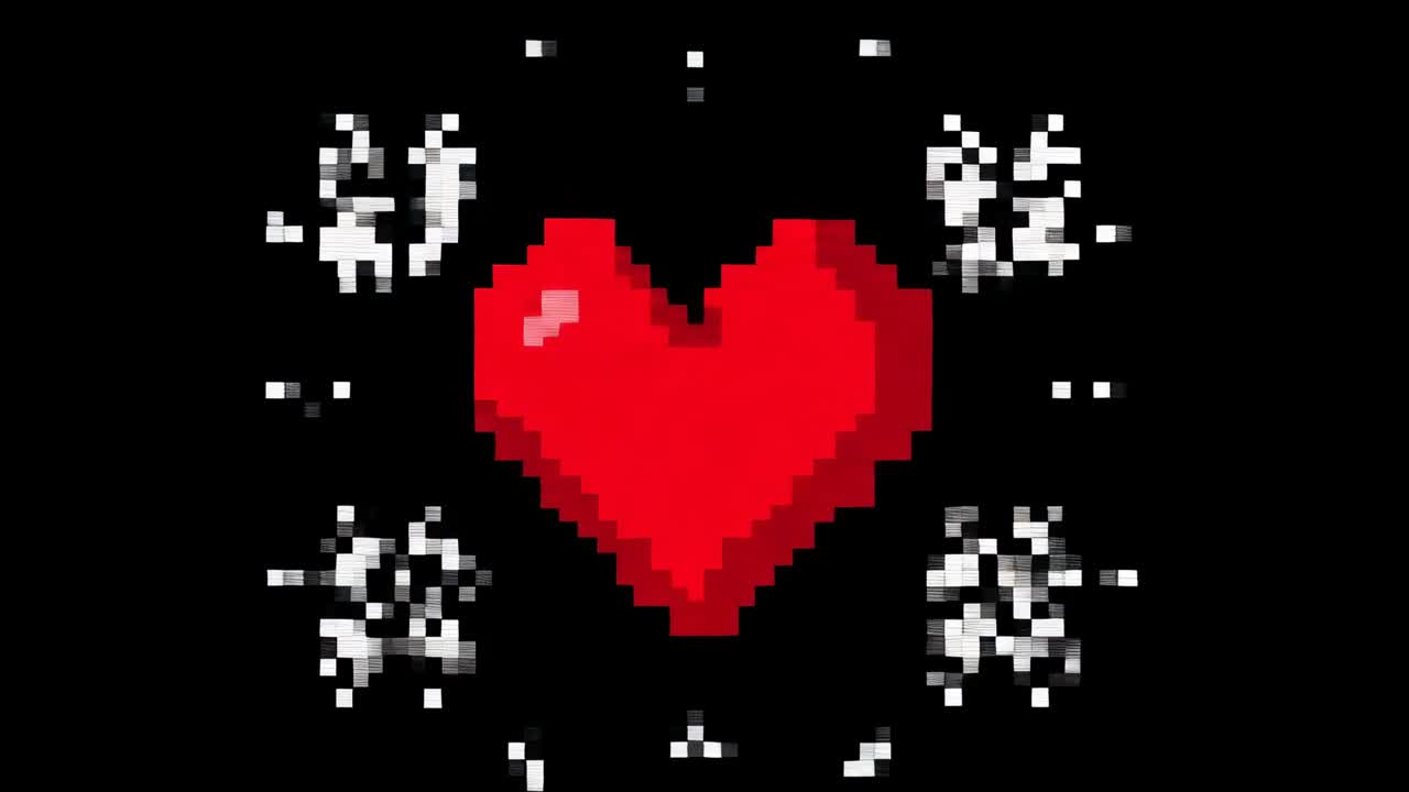 Cuore di pixel in loop che pulsa al centro su area di lavoro nera, con riflesso lucido che segnala il battito cardiaco